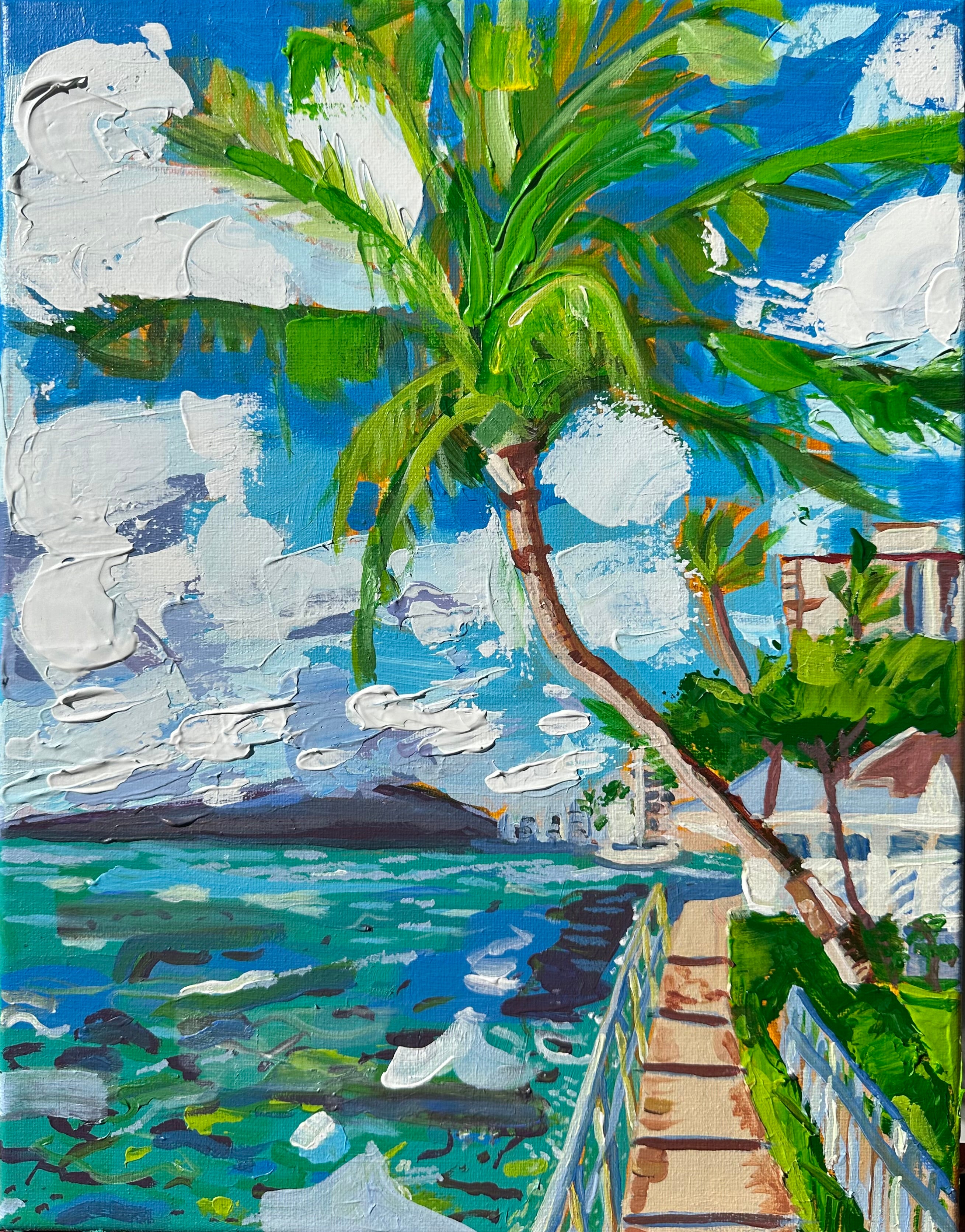 painting of ocean and coconut tree representing Oahu Hawaii 